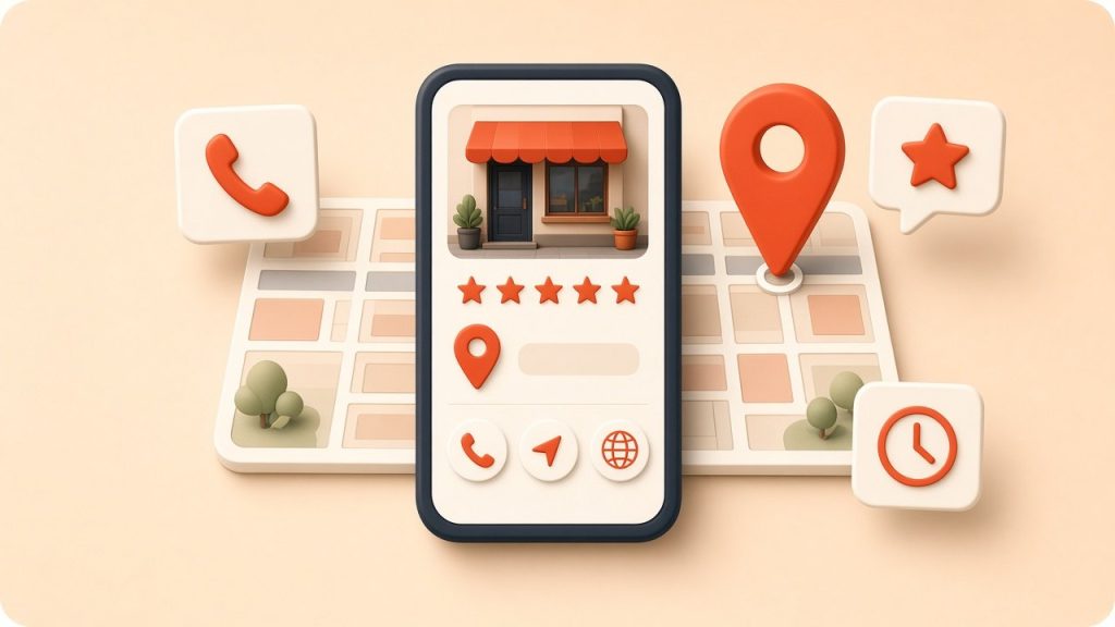 Smartphone showing a local business listing with star rating, call, directions and website buttons over a city map