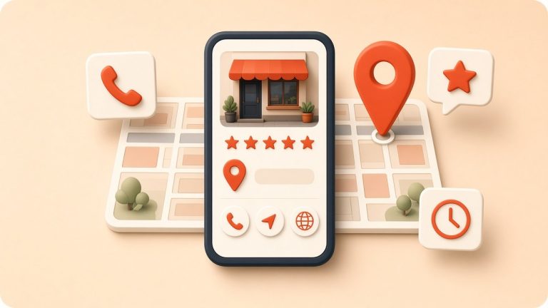 Smartphone showing a local business listing with star rating, call, directions and website buttons over a city map