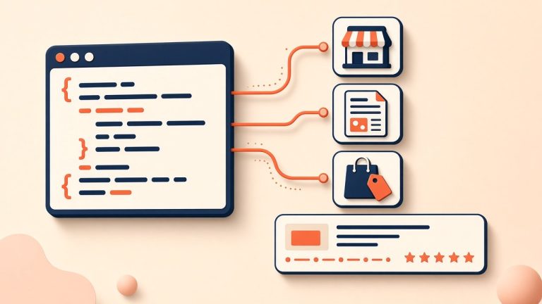 Code window connected to business, article and product icons above a search result with star rating