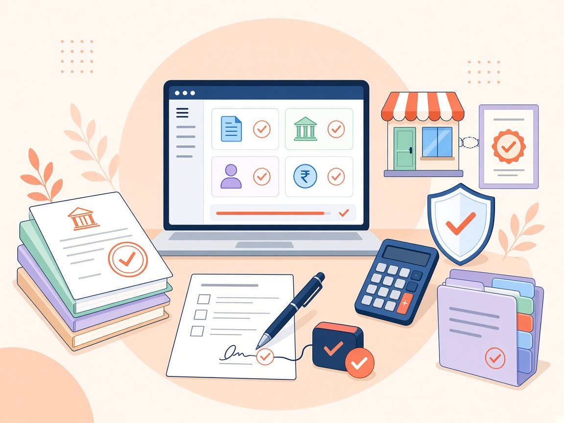 Desk with GST and tax filing dashboard, stamped documents, shop licence, calculator and digital signature token