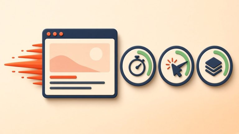 Fast-loading browser window beside three gauges for loading, responsiveness and layout stability