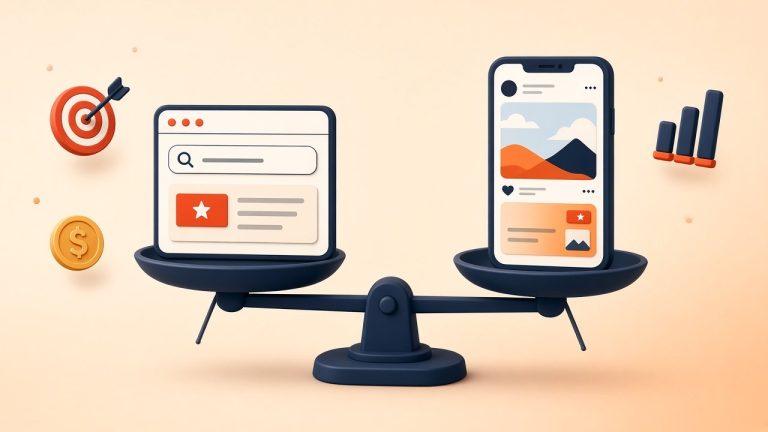 A balance scale weighing a search ad in a browser against a social media ad on a phone
