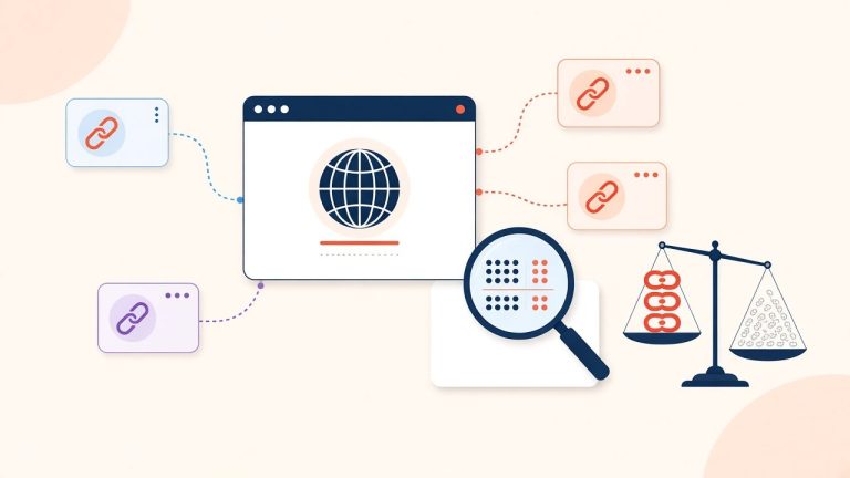 Browser window receiving links from other websites, a magnifying glass counting links and a scale weighing quality links against many weak ones