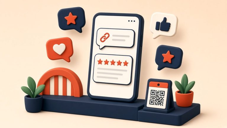 Phone showing a review link message and a five-star review, with a QR code counter card and feedback bubbles