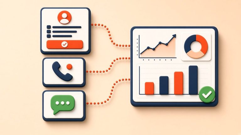 Form, phone call and chat cards connected to an analytics dashboard with charts and a check mark