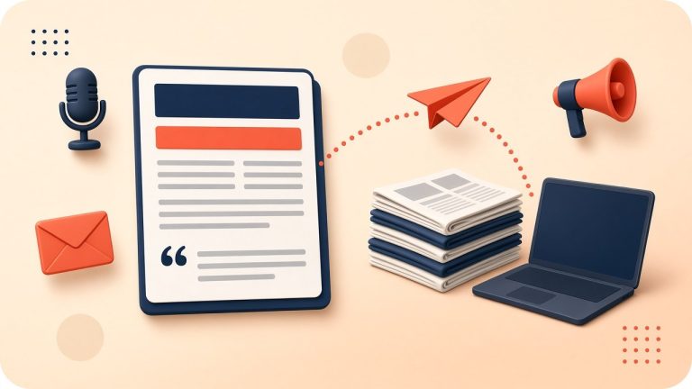 Press release document with headline and quote sent as a paper plane to newspapers and a laptop