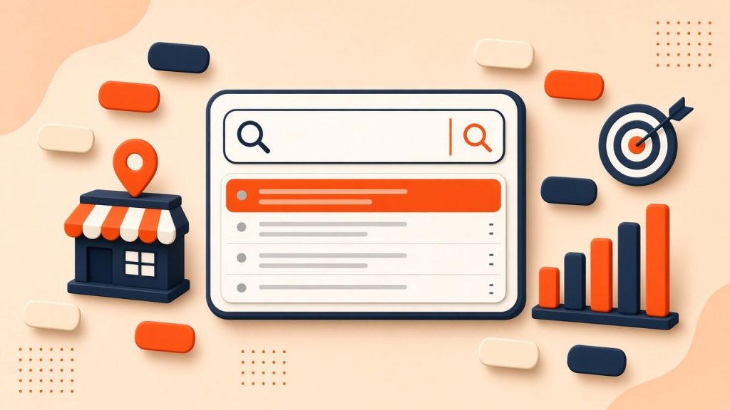 Search bar with keyword suggestions surrounded by keyword tags, a local shop, a target and a rising bar chart