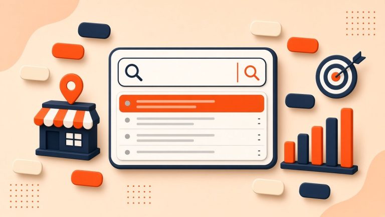 Search bar with keyword suggestions surrounded by keyword tags, a local shop, a target and a rising bar chart