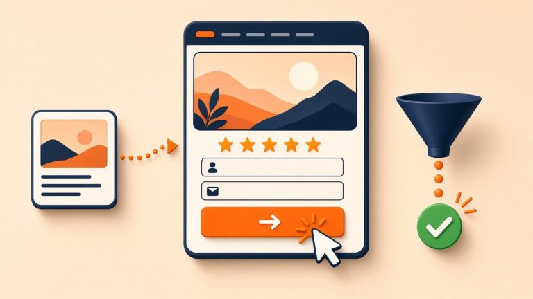 Ad card linked to a landing page with reviews, a short form and an orange button feeding a conversion funnel