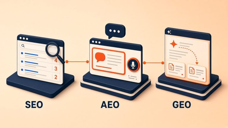 SEO, AEO and GEO illustrated as search results, a direct answer box and an AI-generated answer citing sources